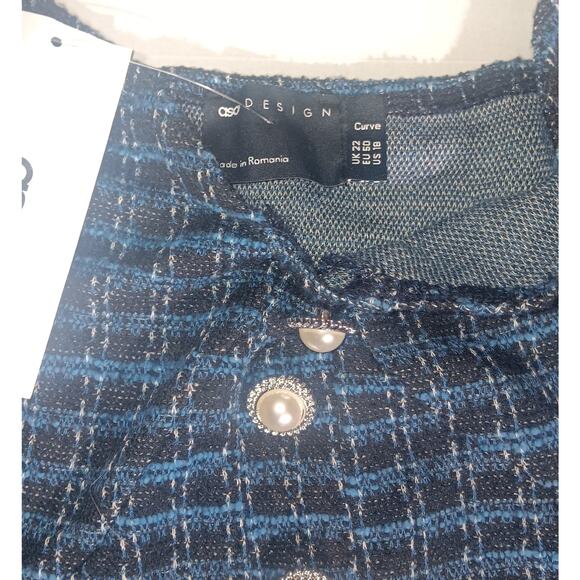 ASOS DESIGN Curve Size 18 Tweed Jumpsuit Blue Pearl Buttons NWT Inseam 32 Inches - Picture 6 of 9